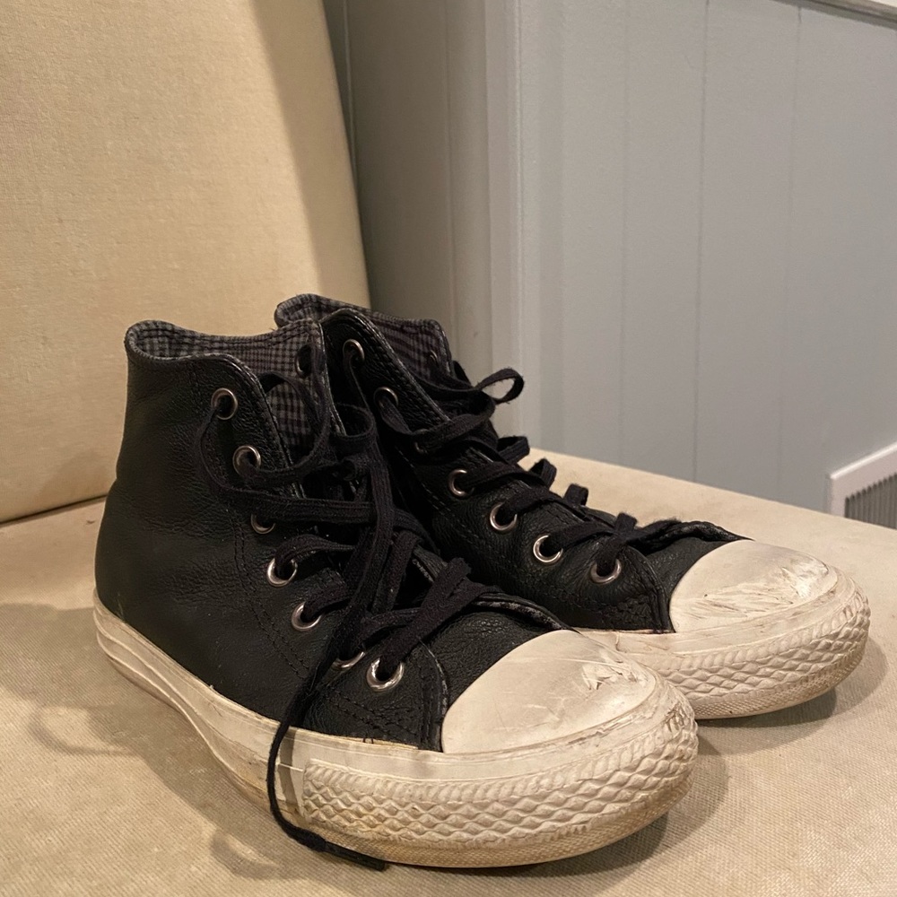 CONVERSE Distressed Leather Black High Tops